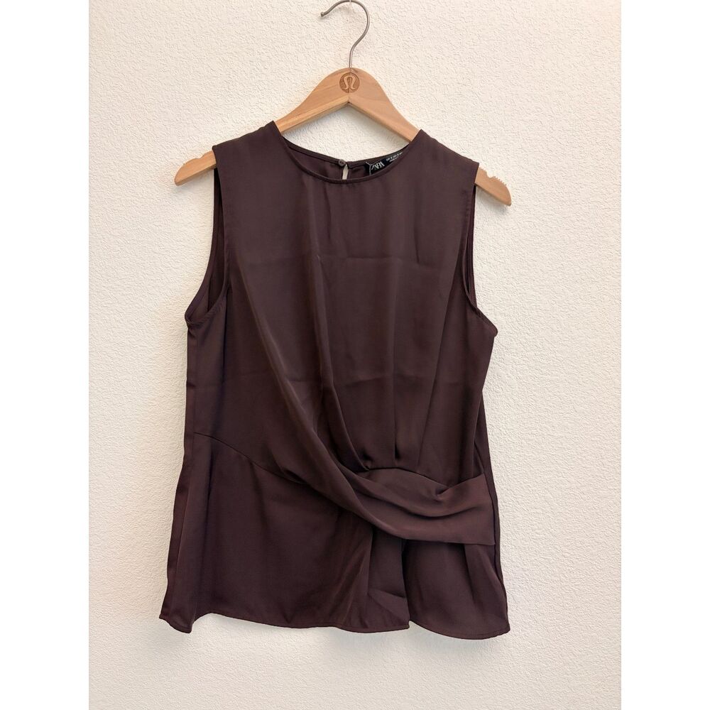 Zara Burgundy Satin Effect Draped Twist Front Sleeveless Top S NWT